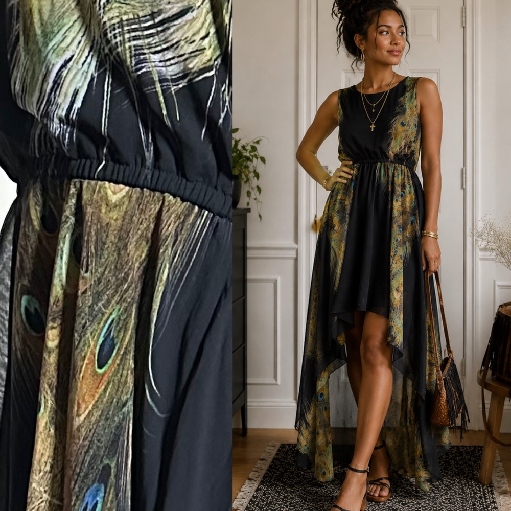 Peacock-Accent Black High-Low Dress
